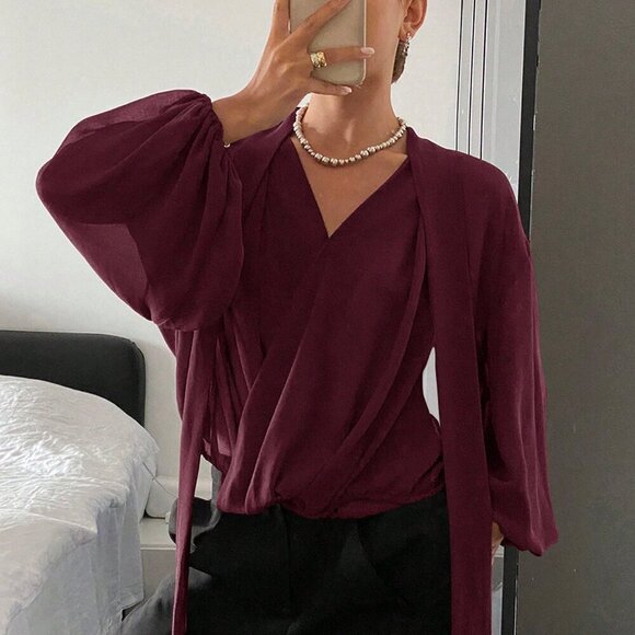 Burgundy Casual Women's Loose Fit Long Sleeve Tie Blouse - Picture 4 of 6